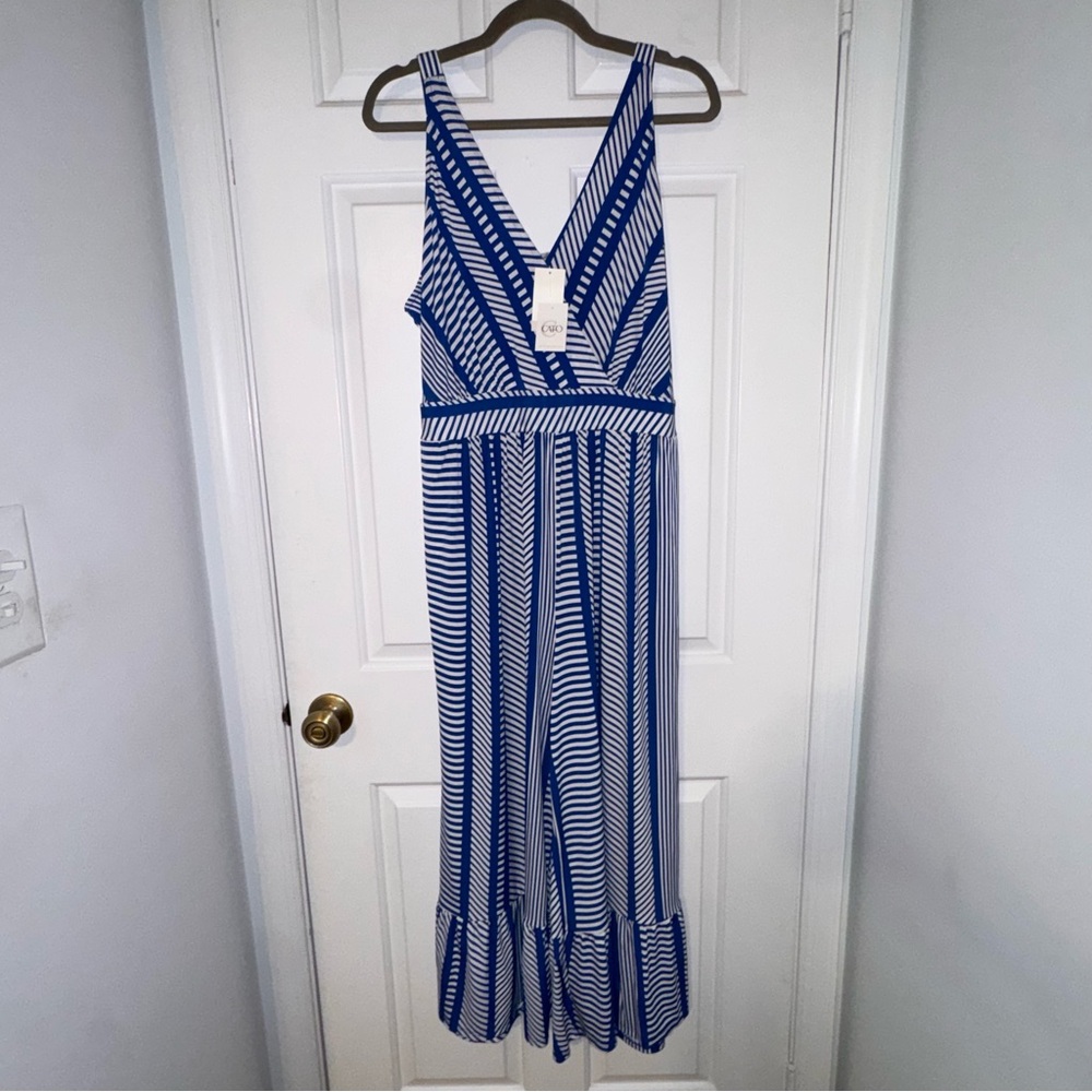 Cato Blue and White Striped sleeveless ruffle v neck Jumpsuit XLP NWT